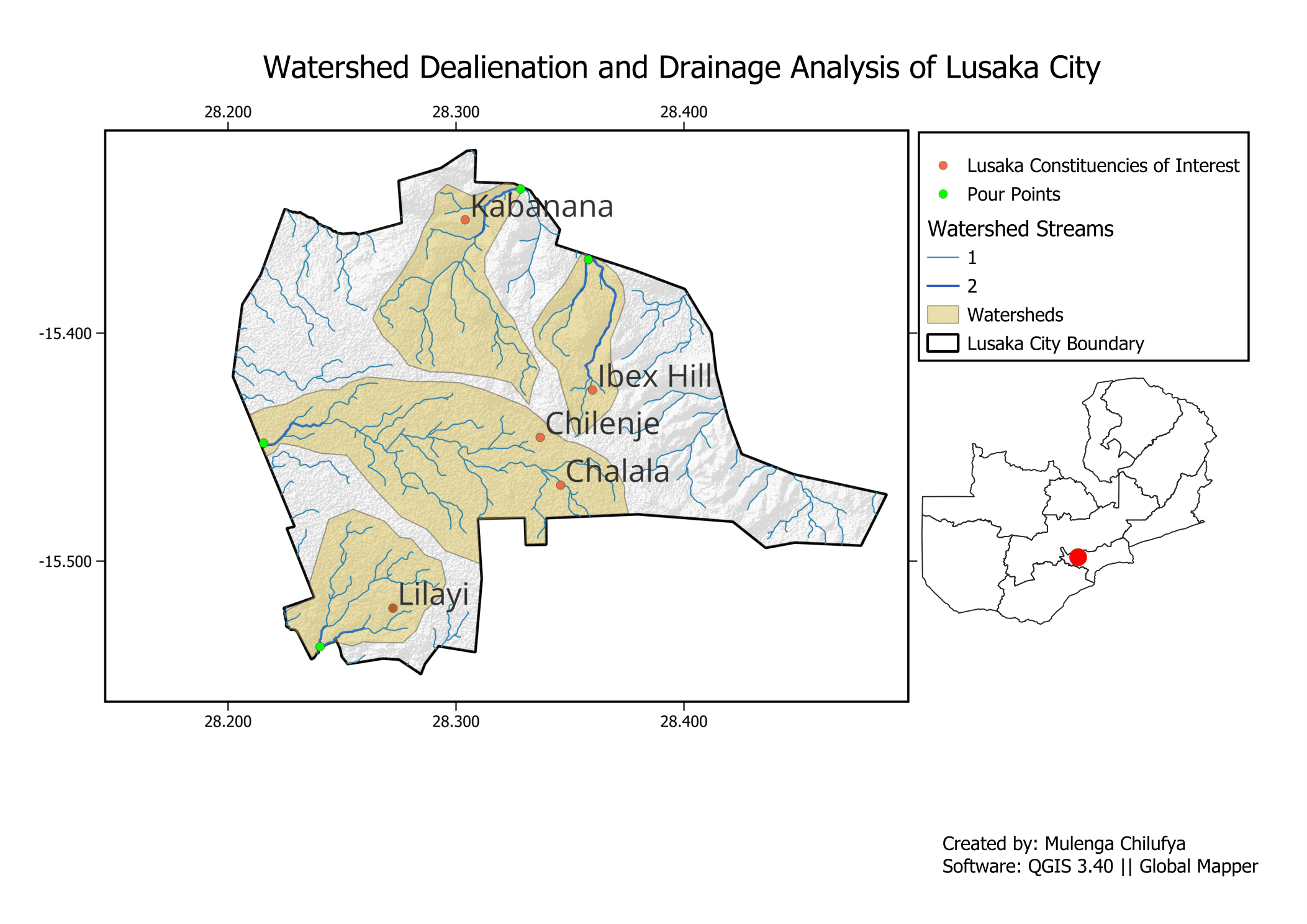 Watershed delineation of Lusaka City showing sub-basins, drainage networks, pour points and key constituencies.