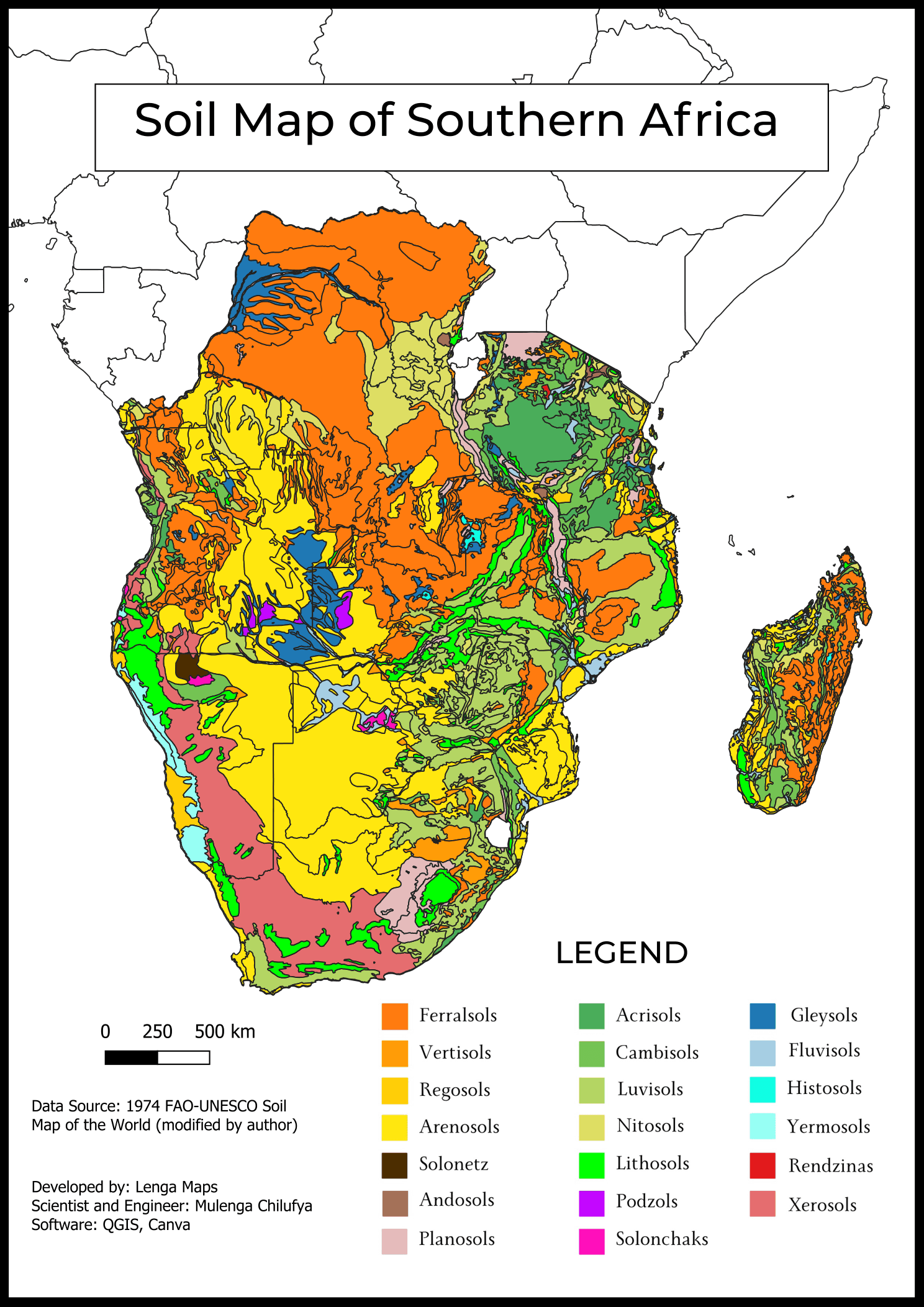 Classified soil map of southern Africa and Madagascar showing more than twenty soil orders.