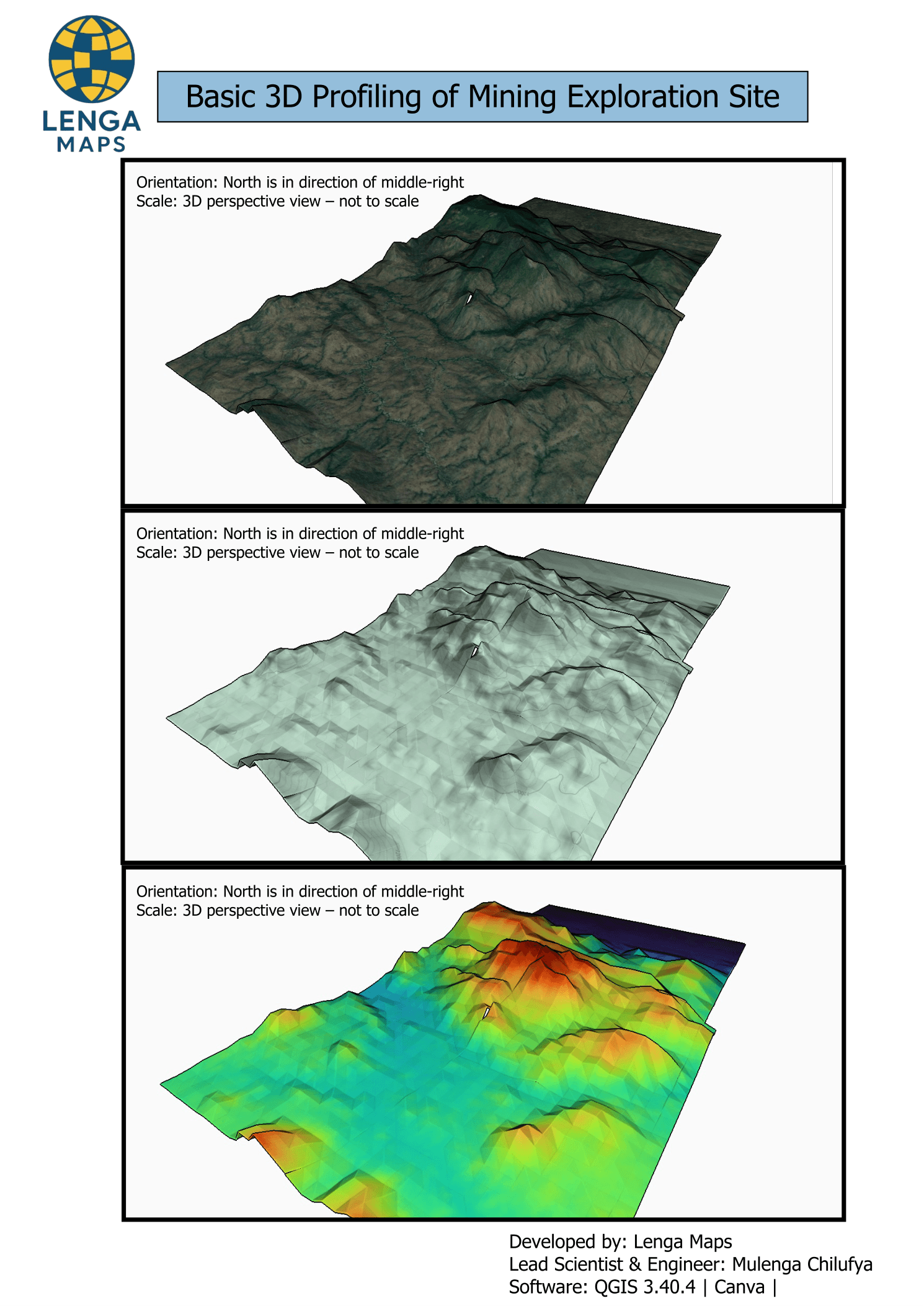 Three 3D perspective renderings of the same exploration block: satellite drape, hillshade, and false-colour elevation.