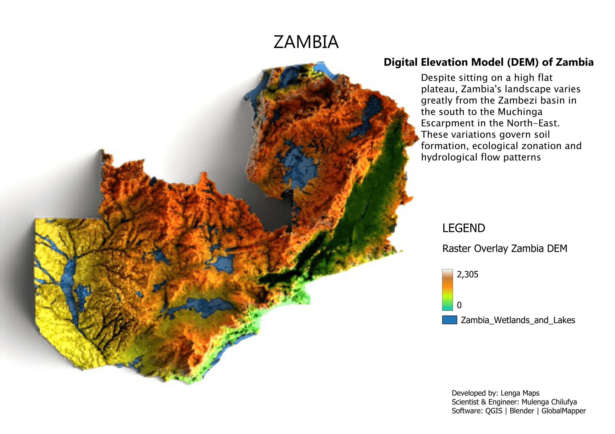Digital elevation model of Zambia with wetlands and lakes overlaid.