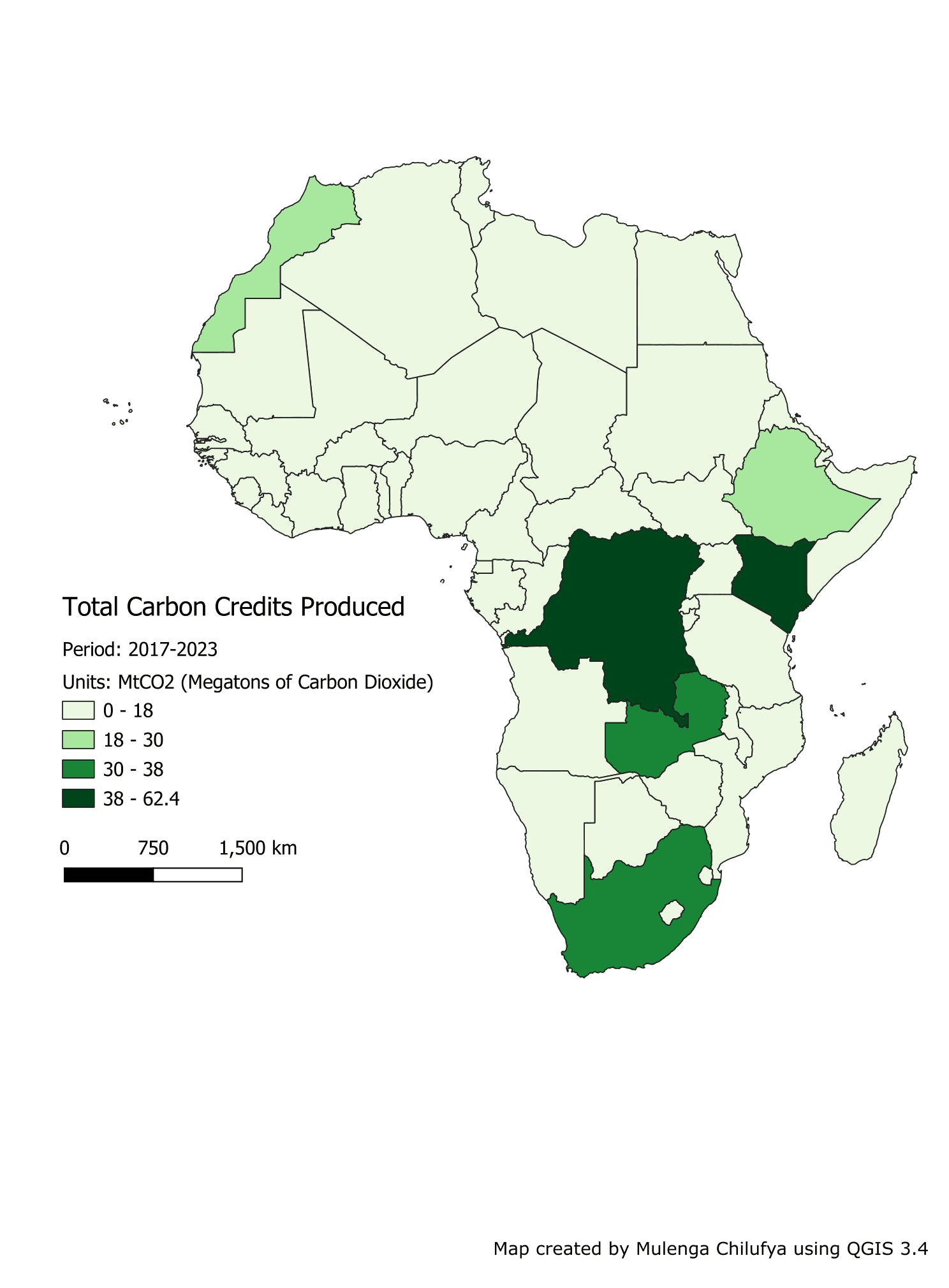 Choropleth of total carbon credits produced by African country, 2017 to 2023, in megatons of CO2.