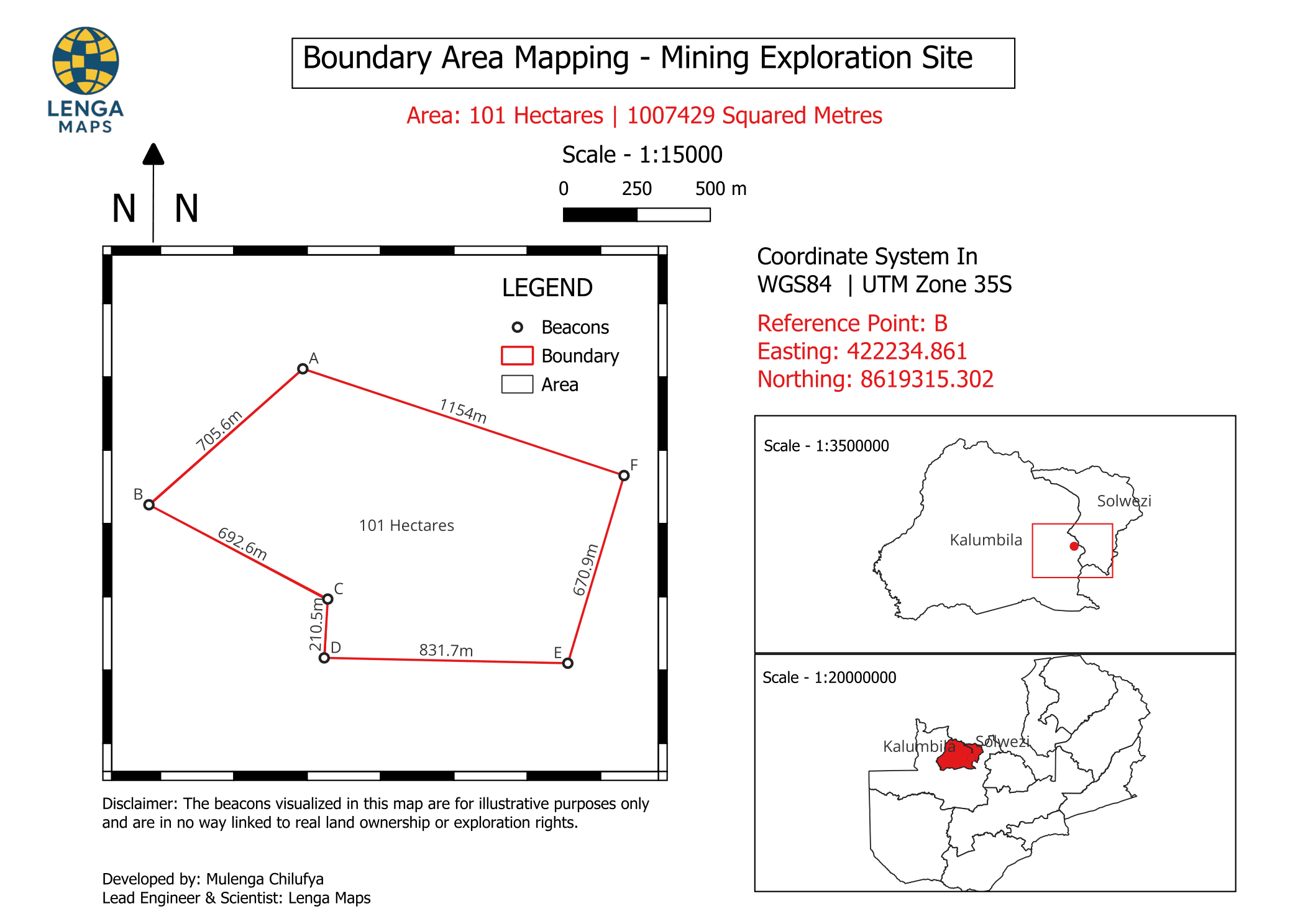 Survey boundary map of a 101-hectare mining exploration block near Solwezi, with labelled beacons and locator insets.