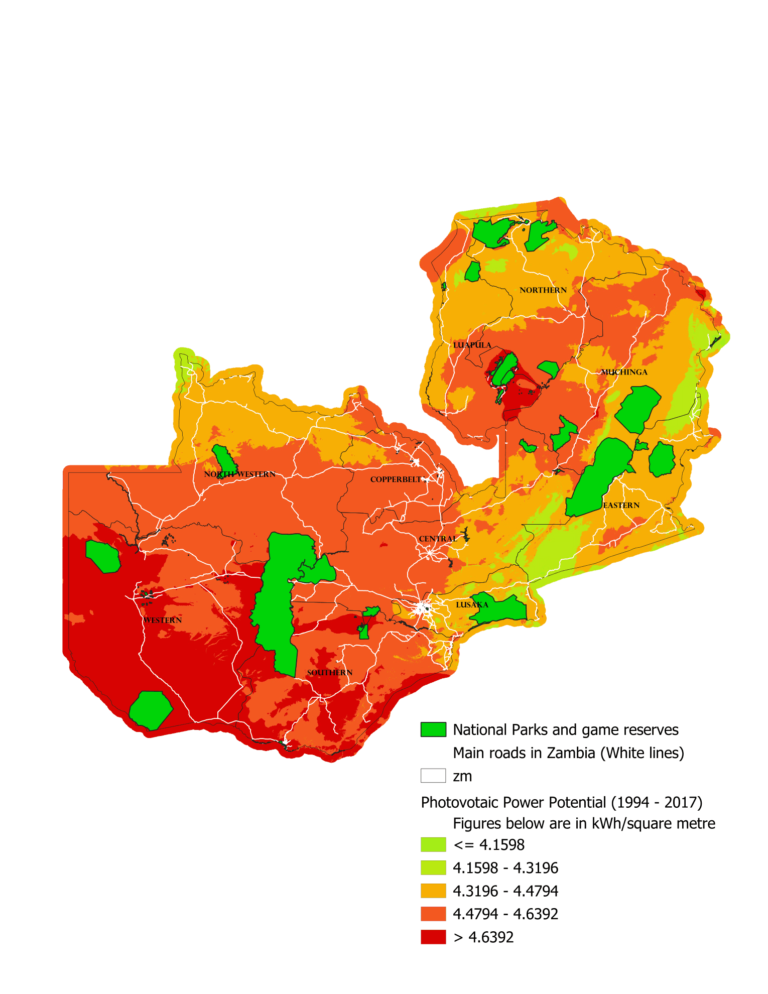 Solar irradiance map of Zambia showing photovoltaic power potential by province, with national parks and main roads.